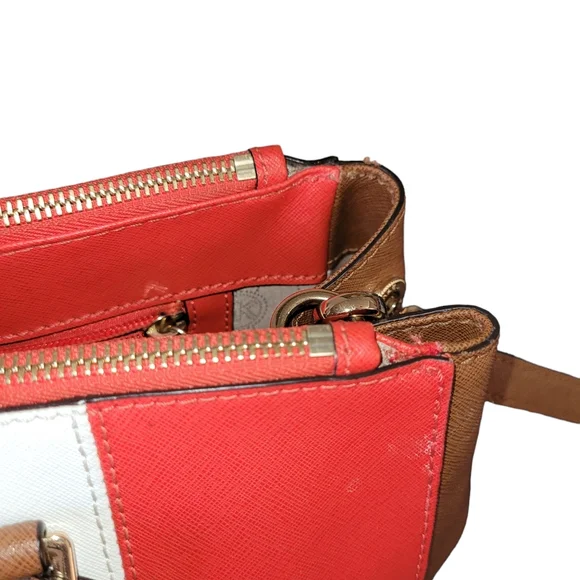 SOLD Authentic Michael Kors Sutton Large Red White Tan Leather Satchel - Picture 8 of 8
